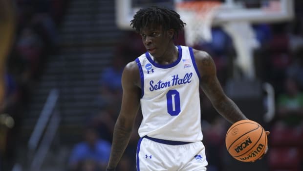Mar 18, 2022; San Diego, CA, USA; Seton Hall Pirates guard Kadary Richmond (0) dribbles the basketball against the TCU Horned Frogs during the first half during the first round of the 2022 NCAA Tournament at Viejas Arena. Mandatory Credit: Orlando Ramirez-USA TODAY Sports